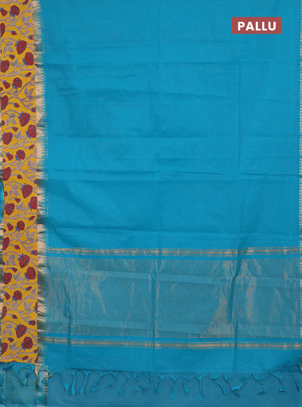 Semi mangalagiri cotton saree teal blue and yellow with plain body and long zari woven kalamkari printed border & blouse