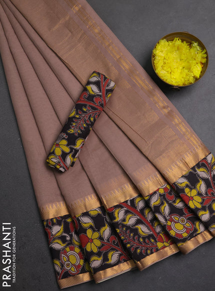 Semi mangalagiri cotton saree rosy brown and black with plain body and long zari woven kalamkari printed border & blouse