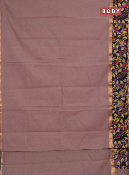 Semi mangalagiri cotton saree rosy brown and black with plain body and long zari woven kalamkari printed border & blouse