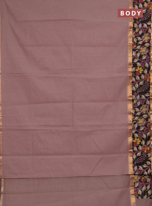 Mangalagiri cotton saree rosy brown and black with plain body and long zari woven kalamkari printed border & blouse