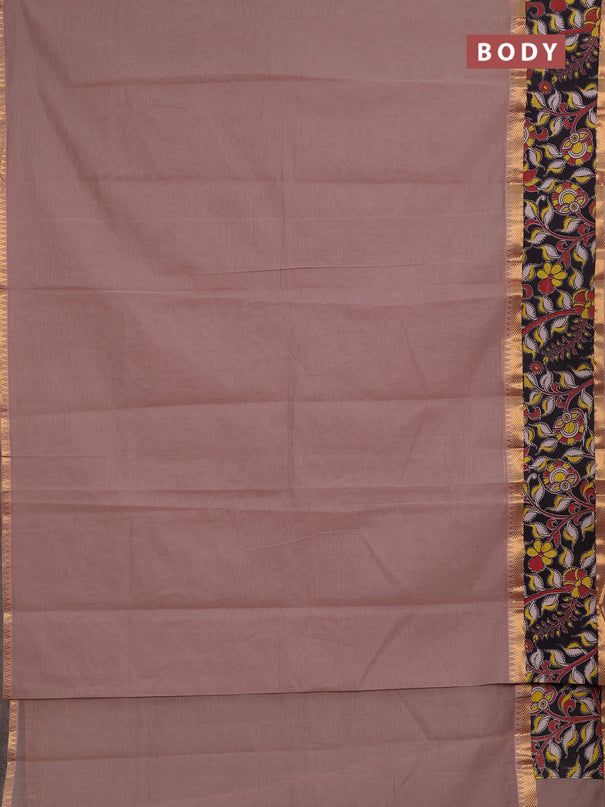Mangalagiri cotton saree rosy brown and black with plain body and long zari woven kalamkari printed border & blouse