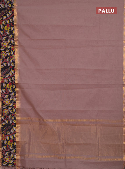 Semi mangalagiri cotton saree rosy brown and black with plain body and long zari woven kalamkari printed border & blouse
