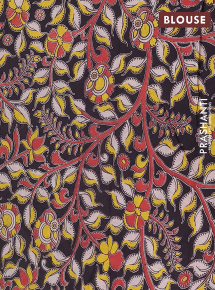 Semi mangalagiri cotton saree rosy brown and black with plain body and long zari woven kalamkari printed border & blouse