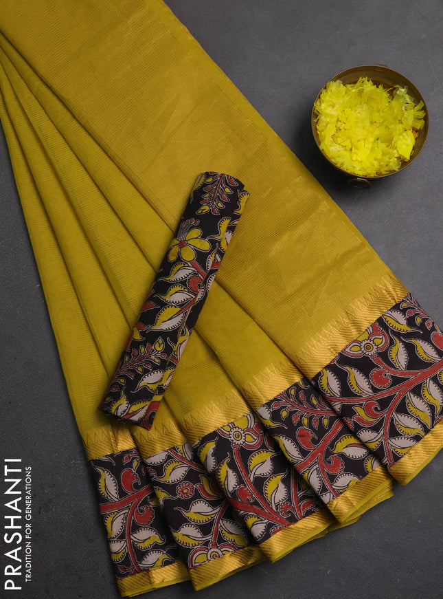 Mangalagiri cotton saree lime yellow and black with plain body and long zari woven kalamkari printed border & blouse