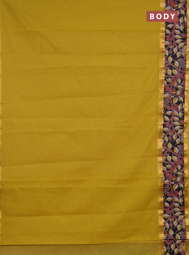 Mangalagiri cotton saree lime yellow and black with plain body and long zari woven kalamkari printed border & blouse