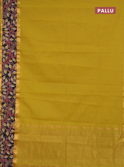 Semi mangalagiri cotton saree lime yellow and black with plain body and long zari woven kalamkari printed border & blouse