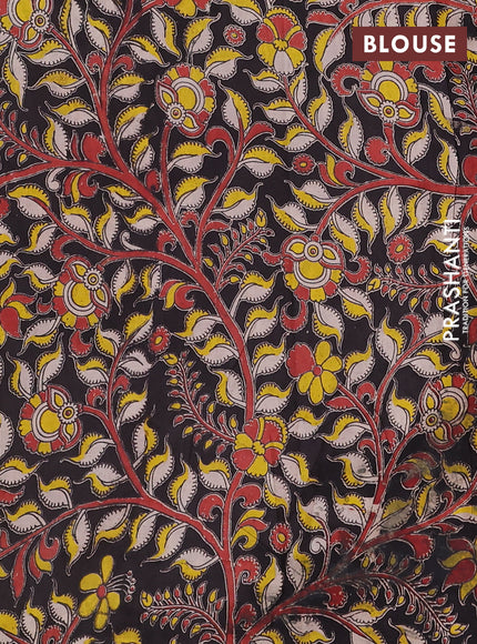 Semi mangalagiri cotton saree lime yellow and black with plain body and long zari woven kalamkari printed border & blouse