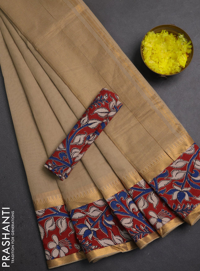 Mangalagiri cotton saree beige and maroon with plain body and long zari woven kalamkari printed border & blouse