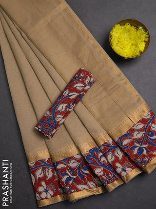Mangalagiri cotton saree beige and maroon with plain body and long zari woven kalamkari printed border & blouse