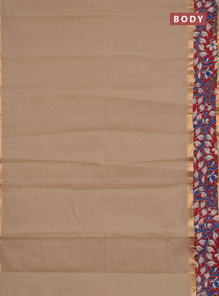 Semi mangalagiri cotton saree beige and maroon with plain body and long zari woven kalamkari printed border & blouse