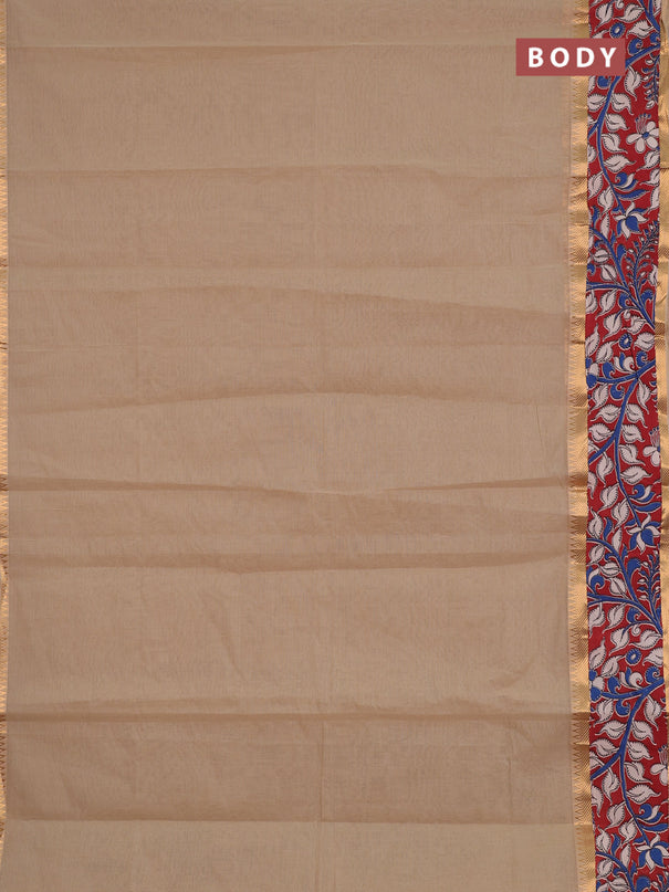 Mangalagiri cotton saree beige and maroon with plain body and long zari woven kalamkari printed border & blouse