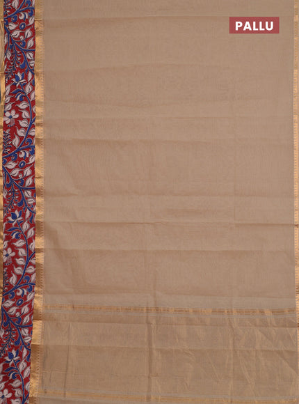 Semi mangalagiri cotton saree beige and maroon with plain body and long zari woven kalamkari printed border & blouse