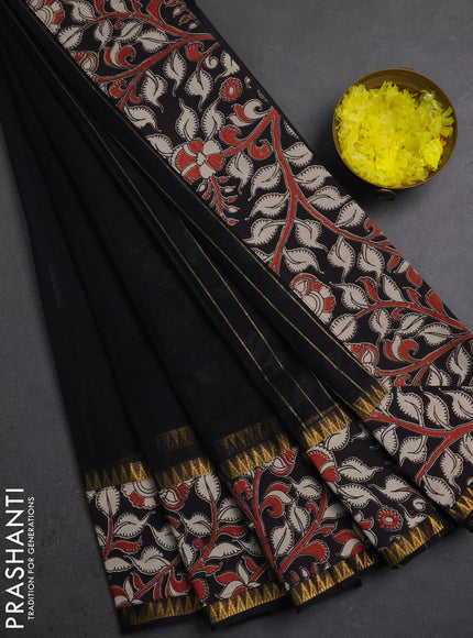 Semi mangalagiri cotton saree black with plain body and long zari woven kalamkari printed border & blouse
