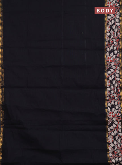 Semi mangalagiri cotton saree black with plain body and long zari woven kalamkari printed border & blouse