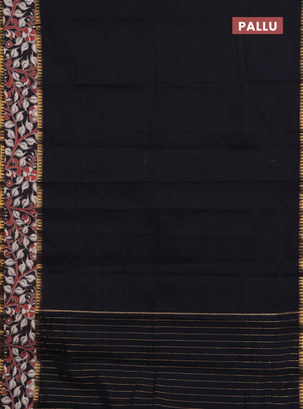Semi mangalagiri cotton saree black with plain body and long zari woven kalamkari printed border & blouse