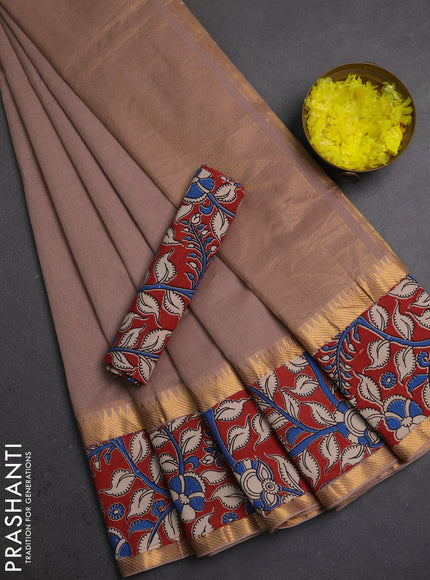 Semi mangalagiri cotton saree chiku and maroon with plain body and long zari woven kalamkari printed border & blouse