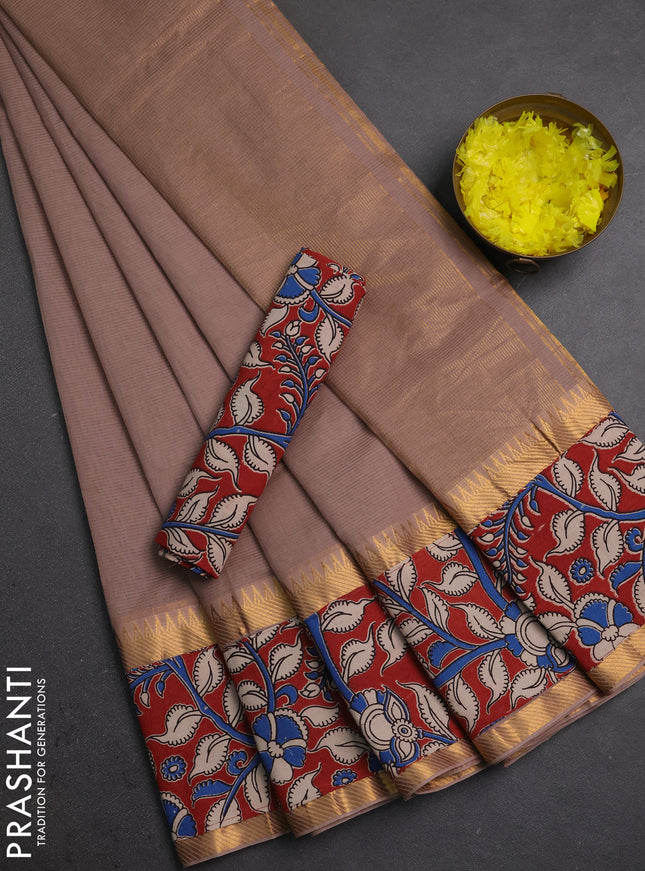 Mangalagiri cotton saree chiku and maroon with plain body and long zari woven kalamkari printed border & blouse