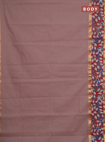 Semi mangalagiri cotton saree chiku and maroon with plain body and long zari woven kalamkari printed border & blouse