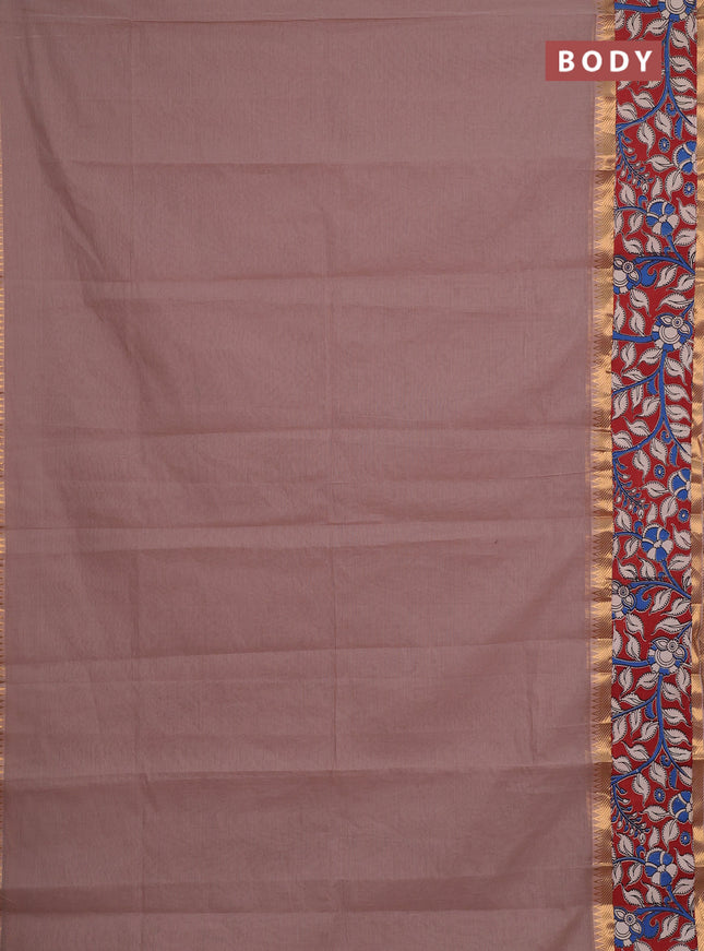 Mangalagiri cotton saree chiku and maroon with plain body and long zari woven kalamkari printed border & blouse