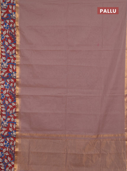 Semi mangalagiri cotton saree chiku and maroon with plain body and long zari woven kalamkari printed border & blouse