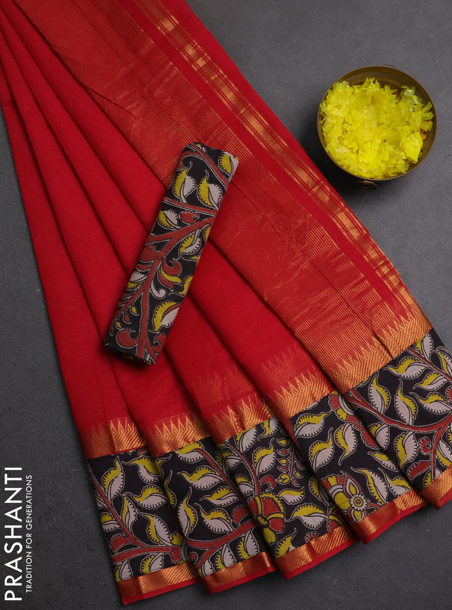 Mangalagiri cotton saree red and black with plain body and long zari woven kalamkari printed border & blouse