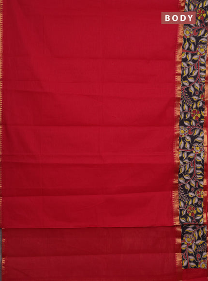 Semi mangalagiri cotton saree red and black with plain body and long zari woven kalamkari printed border & blouse