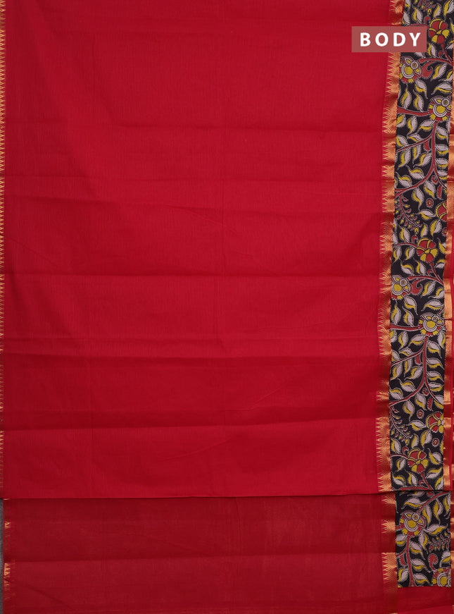 Mangalagiri cotton saree red and black with plain body and long zari woven kalamkari printed border & blouse
