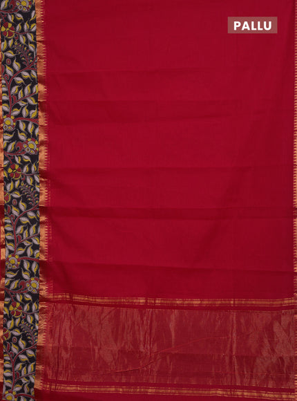 Semi mangalagiri cotton saree red and black with plain body and long zari woven kalamkari printed border & blouse