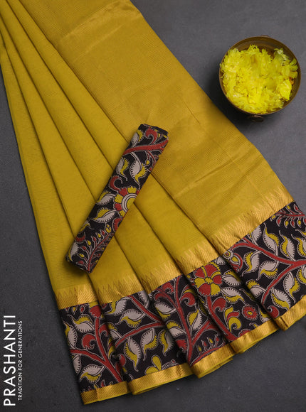 Semi mangalagiri cotton saree mustard yellow and black with plain body and long zari woven kalamkari printed border & blouse