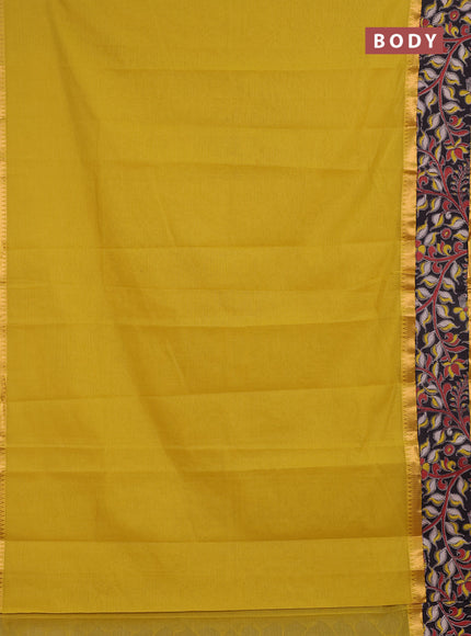 Semi mangalagiri cotton saree mustard yellow and black with plain body and long zari woven kalamkari printed border & blouse