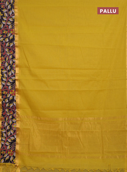 Semi mangalagiri cotton saree mustard yellow and black with plain body and long zari woven kalamkari printed border & blouse