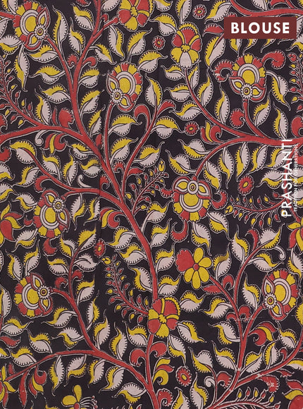 Semi mangalagiri cotton saree mustard yellow and black with plain body and long zari woven kalamkari printed border & blouse
