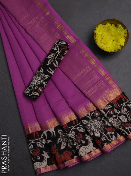 Semi mangalagiri cotton saree mild purple and black with plain body and long zari woven kalamkari printed border & blouse
