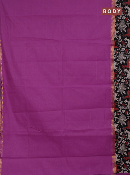 Semi mangalagiri cotton saree mild purple and black with plain body and long zari woven kalamkari printed border & blouse