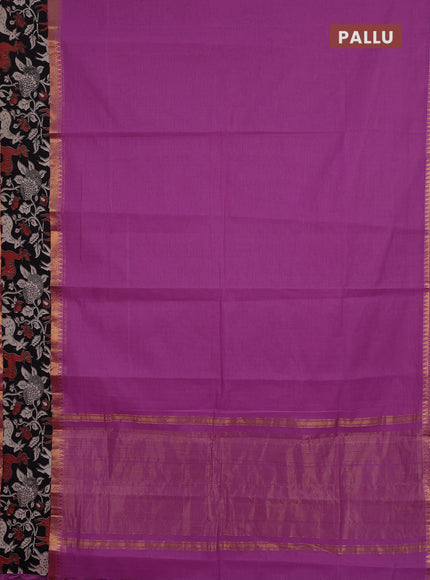 Semi mangalagiri cotton saree mild purple and black with plain body and long zari woven kalamkari printed border & blouse