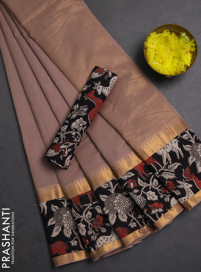 Mangalagiri cotton saree rosy brown and black with plain body and long zari woven kalamkari printed border & blouse