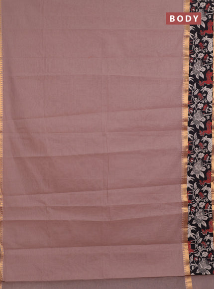 Semi mangalagiri cotton saree rosy brown and black with plain body and long zari woven kalamkari printed border & blouse