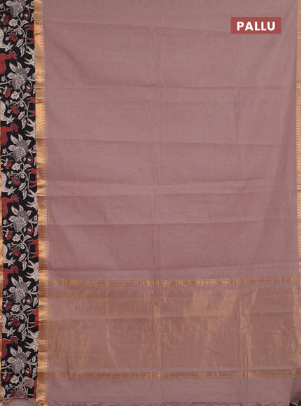 Semi mangalagiri cotton saree rosy brown and black with plain body and long zari woven kalamkari printed border & blouse