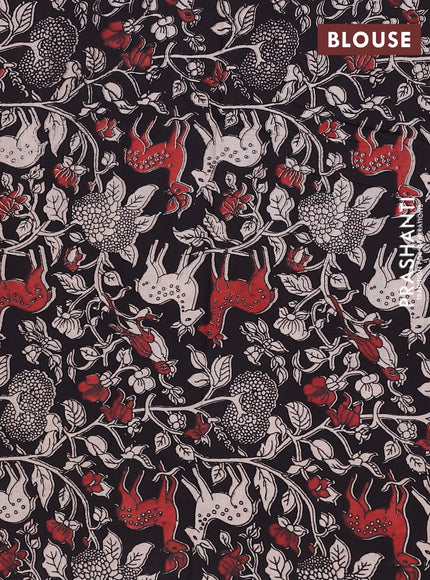Semi mangalagiri cotton saree rosy brown and black with plain body and long zari woven kalamkari printed border & blouse