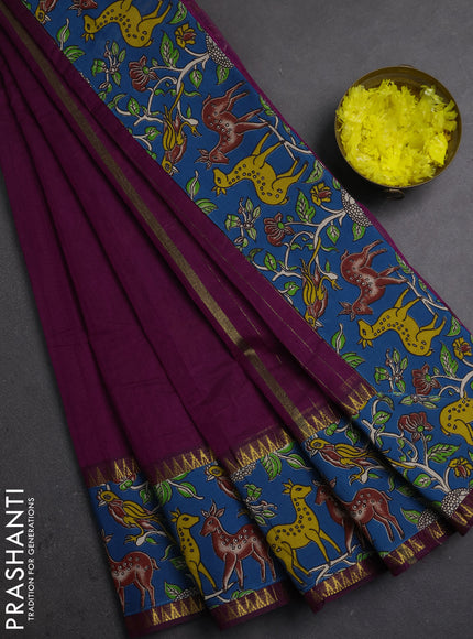 Semi mangalagiri cotton saree deep purple and cs blue with plain body and long zari woven kalamkari printed border & blouse
