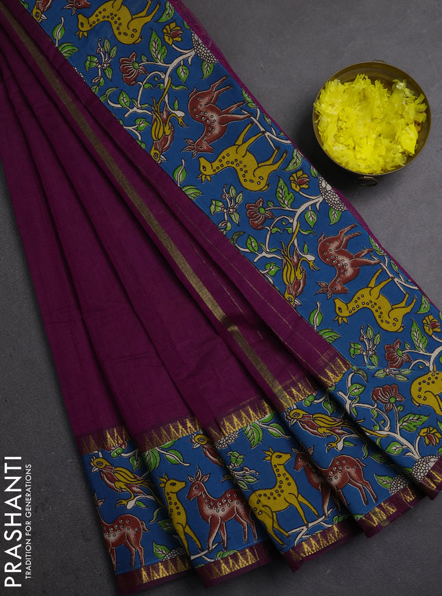 Mangalagiri cotton saree deep purple and cs blue with plain body and long zari woven kalamkari printed border & blouse