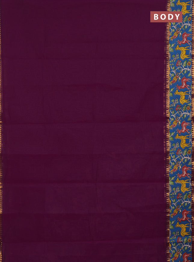 Mangalagiri cotton saree deep purple and cs blue with plain body and long zari woven kalamkari printed border & blouse
