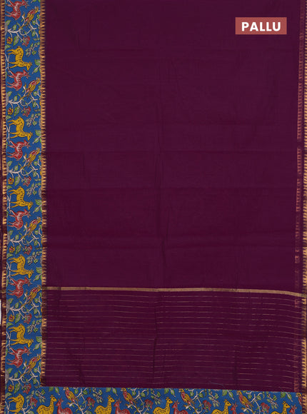Semi mangalagiri cotton saree deep purple and cs blue with plain body and long zari woven kalamkari printed border & blouse