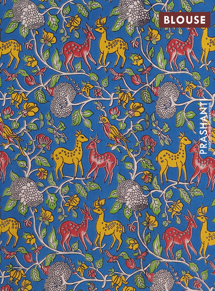Semi mangalagiri cotton saree deep purple and cs blue with plain body and long zari woven kalamkari printed border & blouse