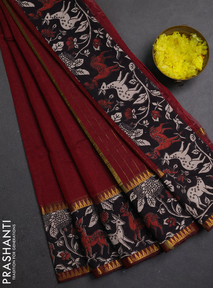 Semi mangalagiri cotton saree maroon and black with plain body and long zari woven kalamkari printed border & blouse