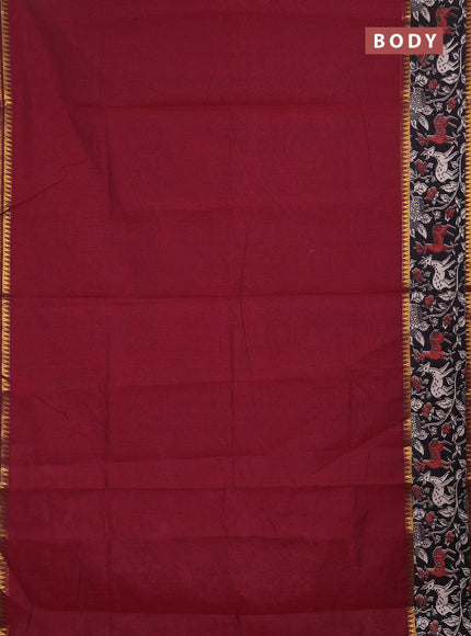 Semi mangalagiri cotton saree maroon and black with plain body and long zari woven kalamkari printed border & blouse