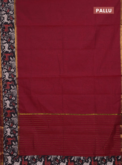 Semi mangalagiri cotton saree maroon and black with plain body and long zari woven kalamkari printed border & blouse