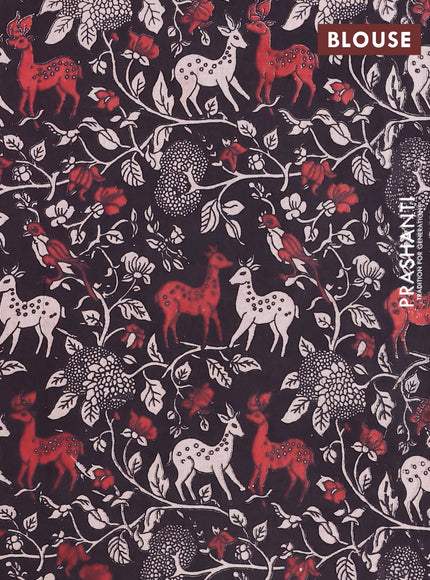 Semi mangalagiri cotton saree maroon and black with plain body and long zari woven kalamkari printed border & blouse