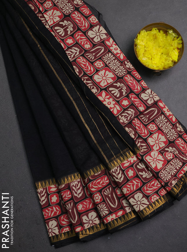Mangalagiri cotton saree black with plain body and long zari woven kalamkari printed border & blouse