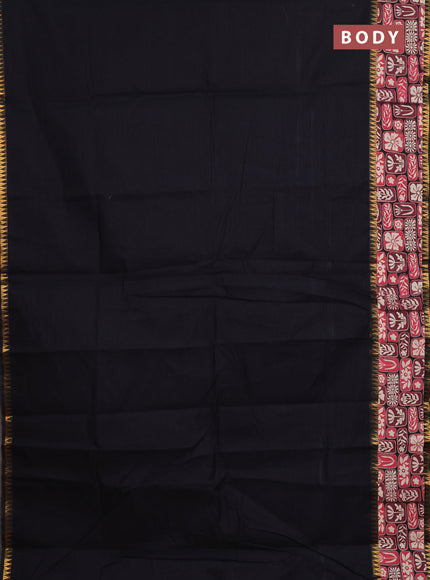 Semi mangalagiri cotton saree black with plain body and long zari woven kalamkari printed border & blouse